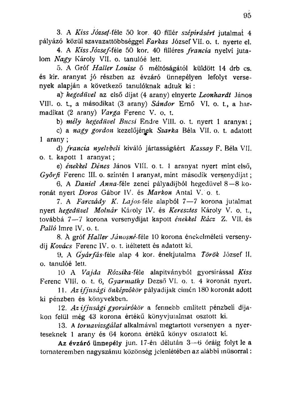 3. A Kiss József-íé\e 50 kor. 40 fillér szépírásért jutalmat 4 pályázó közül szavazattöbbséggel Farkas József VÍI.o. t. nyerte el. 4. A Kiss József-féle 50 kor.