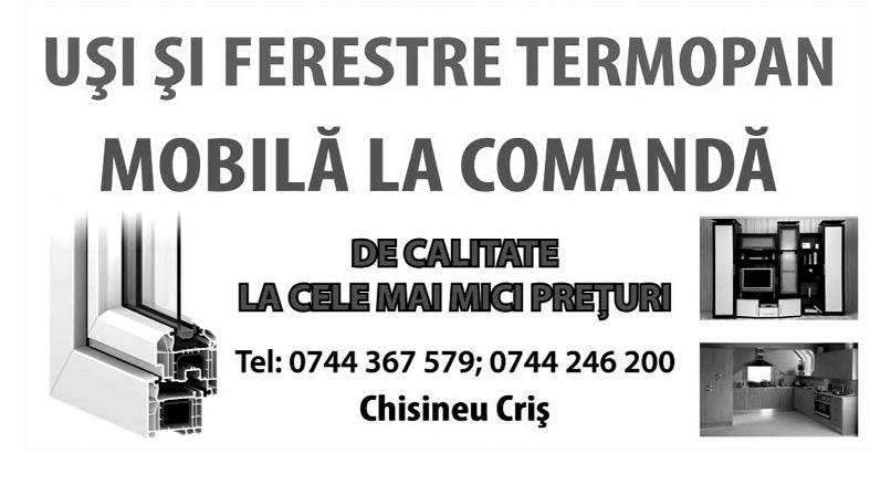 Apartamentul se află în Chişineu-Criş, deasupra Băncii Transilvania. DIVERSE l Vând masă de calculator. Informaţii la tel.: 0749/934.474. l Vând pat pentru dormitor cu saltea şi noptiere. 0745/298.