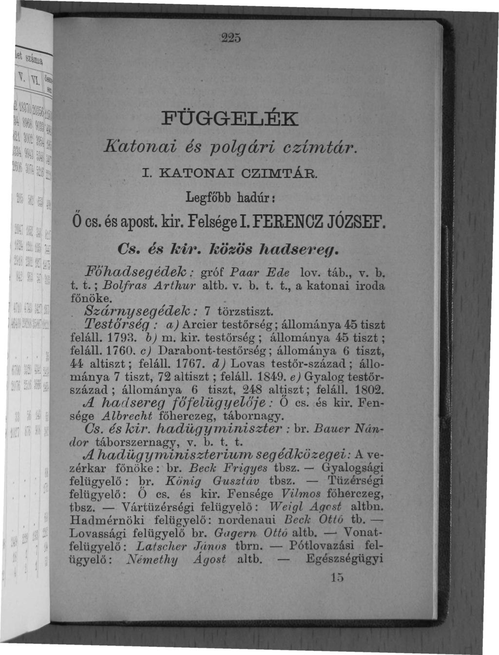!tó FŰGGELÉK Katonai és polgári czímtár. I. KATONAI CZIMTÁR. Legfó'bb hadúr: Ő c és apost. kir. Felsége I. FERENCZ JÓZSEF. C és kir. kö~ös hadsereg. Föhadsegédek: gróf Paa1' Ede lov. tá