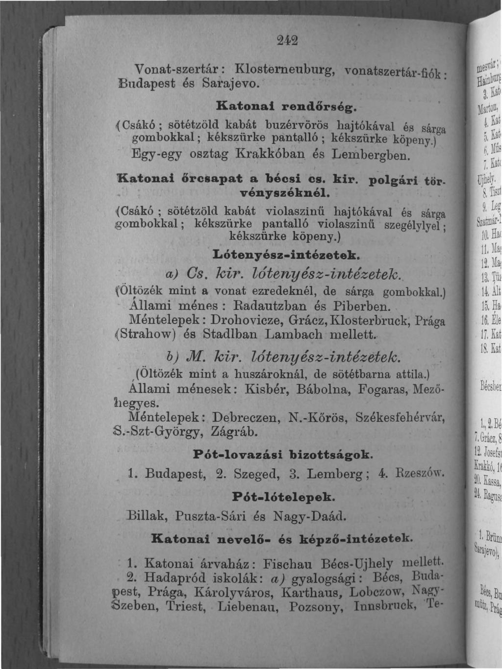 242 Vonat-szertár: Klosterneuburg, vonatszertár-fiók' Budapest és Satajevo.. Katonai rendőrség.