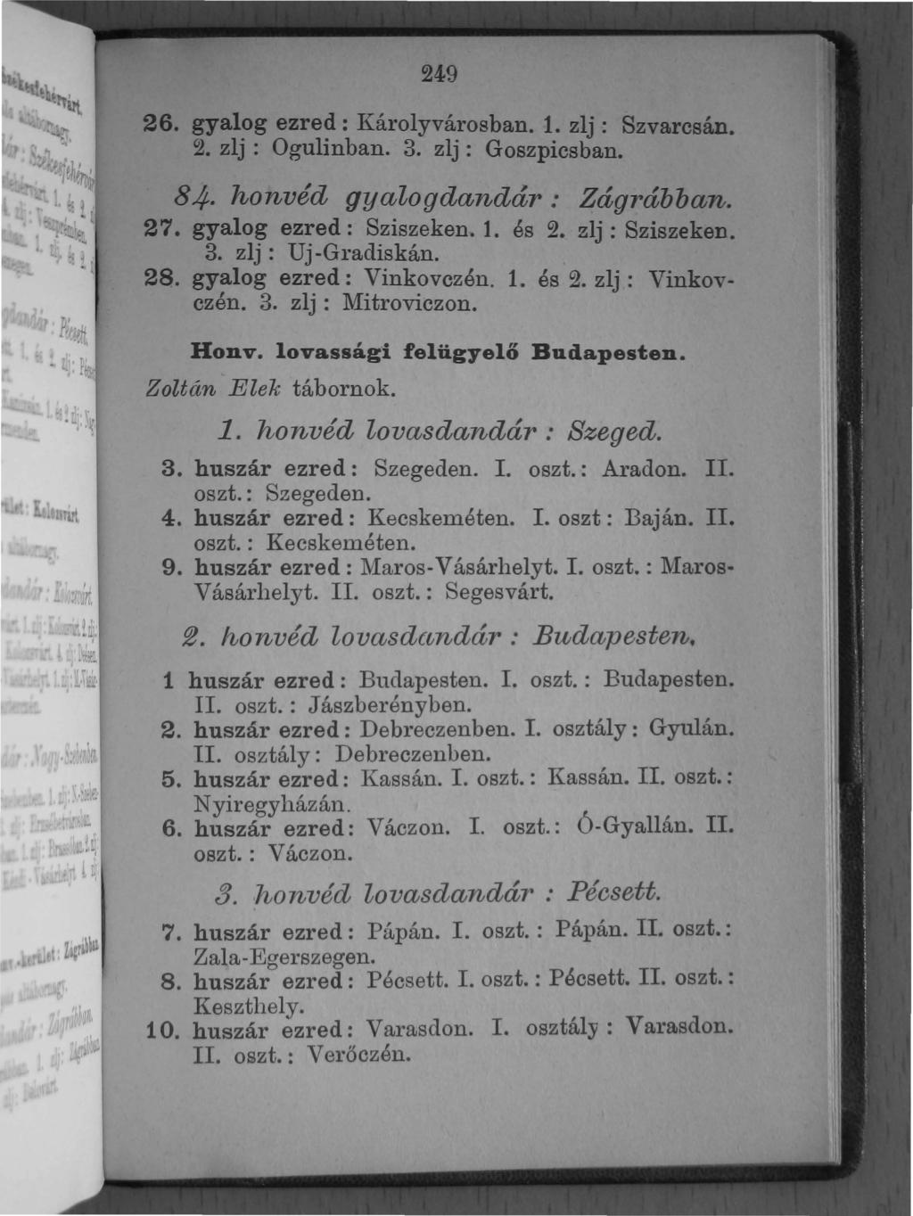 249 26. gyalog ezred: Kál olyvárosban. 1. zlj: Szvarcsán. 2. zlj: Ogulinban. 3. zlj: Goszpicsban. 84. honvéd gyalogdandár : Zágrábban. 27. gyalog ezred: Sziszeken. 1. és 2. zlj: Sziszeken. 3. zlj: Uj-Gradiskán.