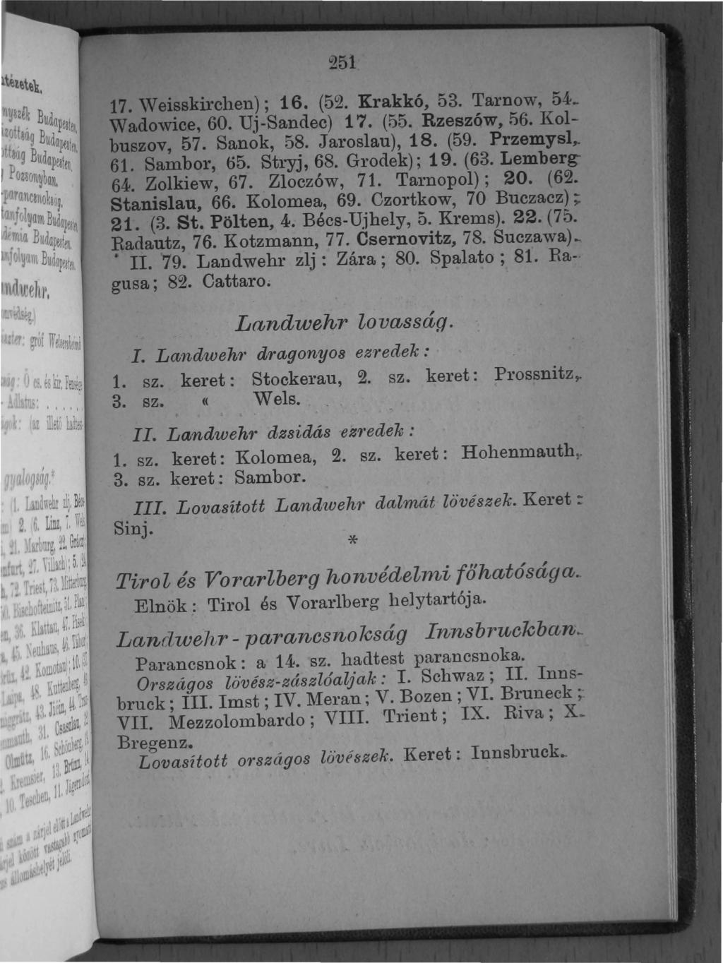 251 17. 'Veisskirchen); 16. (52. Krakkó, 53. Tarnow, 54.. Wadowice, 60. Uj-Sandec) 17. (55. Rzeszów, 56. Kolbuszov, 57. Sanok, 58. Jaroslau), 18. (59. Przemysl,. 61. Sambor, 65. Stryj, 68.