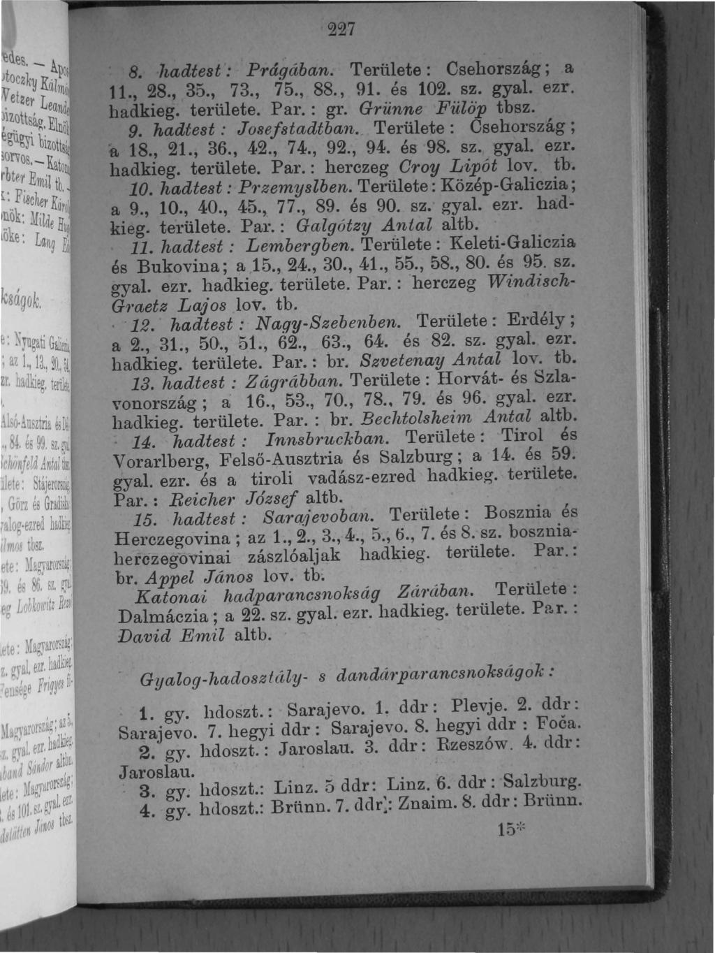 227 8. hadtest: Prágában. Területe: Csehország; a 11., 28., 35., 73., 75., 88., 91. és 102. sz. gyal. ezre hadkieg. területe. Par.: gr. Grünne Fülöp tbsz. 9. hadtest: J osef8tadtban.