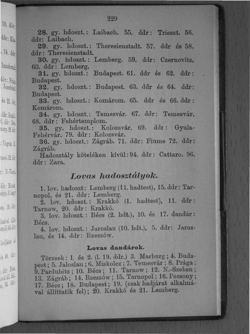 229 28. gy. hdoszt.: Laibach. 55. ddr: Trieszt. 56. ddr: Laibach. 29. gy. hdoszt.: Theresienstadt. 57. ddr és 58. ddr: Theresienstadt. 30. gy. hdoszt.: Lemberg. 59. ddr: Czernovitz, 60. ddr: Lemberg.