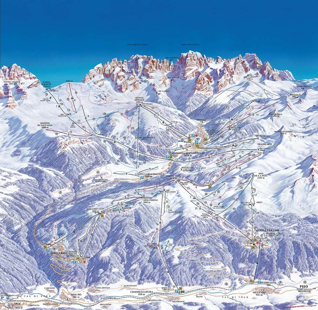 7 km = 49% red runs (medium) = 41.3 km = 38% black runs (difficult) = 14 km = 13% LIT SKI RUNS Black run Folgarida (final stretch) Biancaneve Marilleva 1400 run F.I.S.3-Tre Canalone Miramonti run 45 LIFTS IN TOTAL maximum overall capacity = 70,868 passengers/hour NEW!