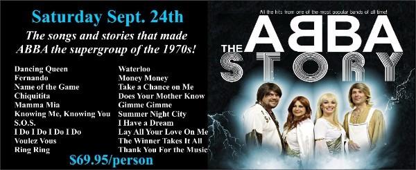 If you love ABBA don't miss this show! The ABBA Story Sat. Sept. 24th Kossuth Hall 979 Kossuth Rd., Cambridge, ON Arrival for Dinner - 6:30-7:00 p.m. Showtime - 8:30 p.m. Where - The Kossuth Hall, 979 Kossuth Rd.