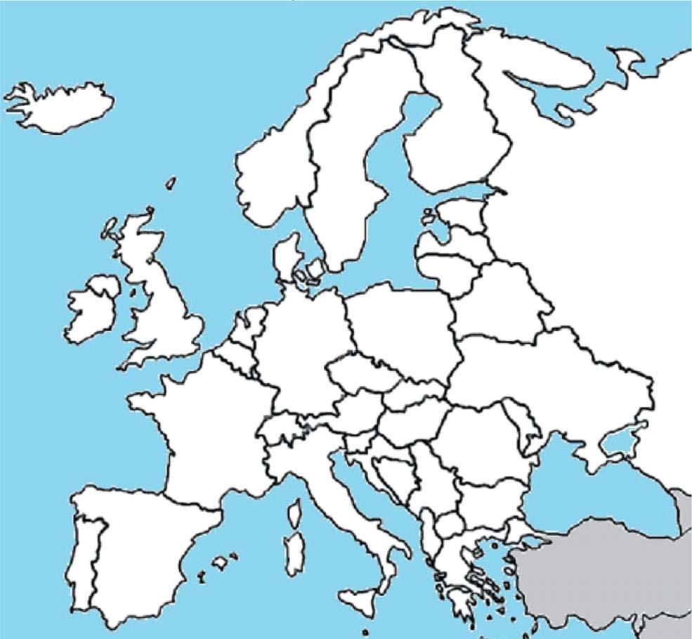 Úloha 2: Toto je mapa Európy. Pokús sa správne určiť štáty, ktoré sa spomínajú v texte. Potom zelenou pastelkou zakresli body, kde Dunaj pramení a kde sa vlieva do Čierneho mora.