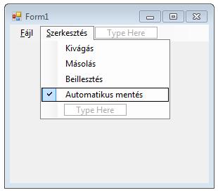 Példaként adjunk egy elválasztó vonalat és egy &Kilépés menüpontot a menünkhöz! Folytassuk a menüépítést egy újabb lenyíló menüvel!