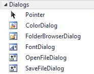 F3.4.3 Általános párbeszédablakok A C# támogatja a Windows rendszer általános (common) párbeszédablakainak alkalmazását. Az eszköztár Dialogs csoportjában találjuk meg az egyes ablaktípusokat.