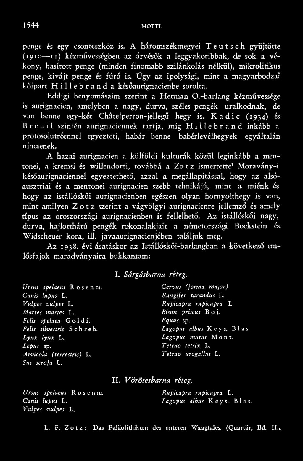 fúró is. Úgy az ipolysági, mint a magyarbodzai kőipart Hillebrand a későaurignacienbe sorolta. Eddigi benyomásaim szerint a Hermán O.