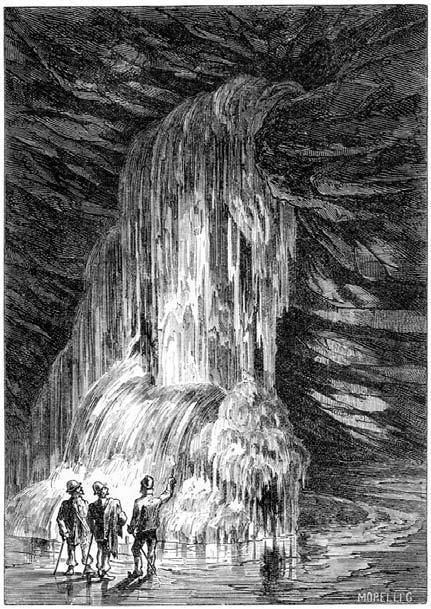 Vodopád v Ľadovej jaskyni - perokresba Morelli G. (1878 ) rastúcu tendenciu. Nástojčivo sa javí potreba ho rezať, píliť, sekať a vynášať z jaskyne za účelom využiť jeho chladiace vlastnosti.
