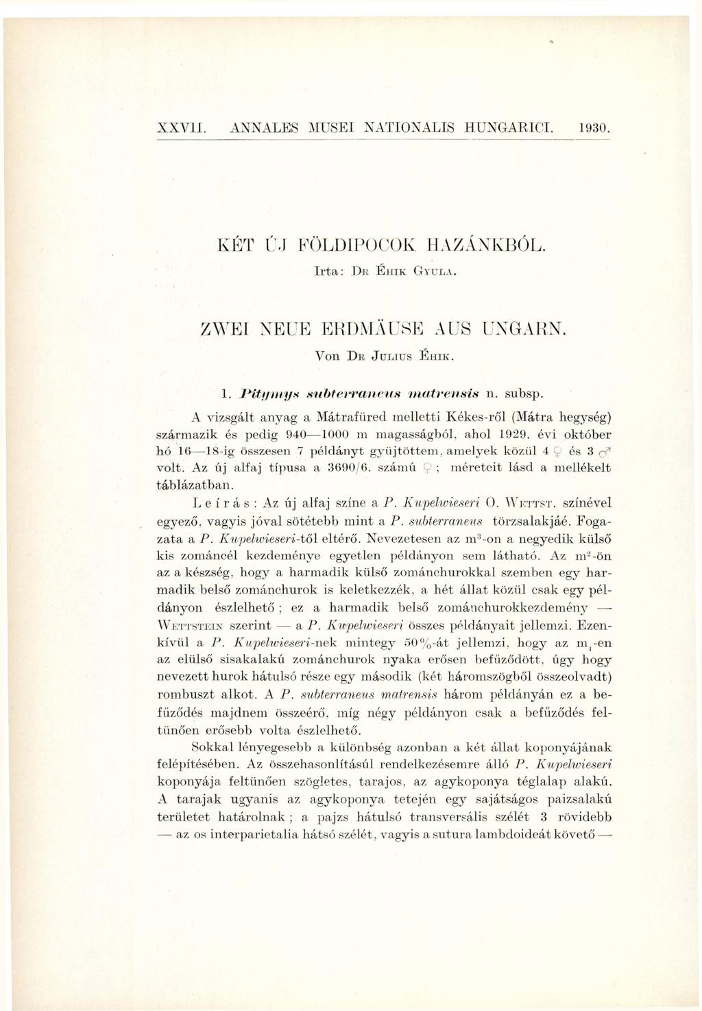 KÉT I'M FÖLDIPOK Irta: DB ÉUIK HAZÁNKBÓL. GYULA. ZW KI NEUE ERDMÄUSE AUS UNGARN. Von DR JULIUS ÉHIK. l. Pitf/iitf/s subterraneus matrensis n. subsp.