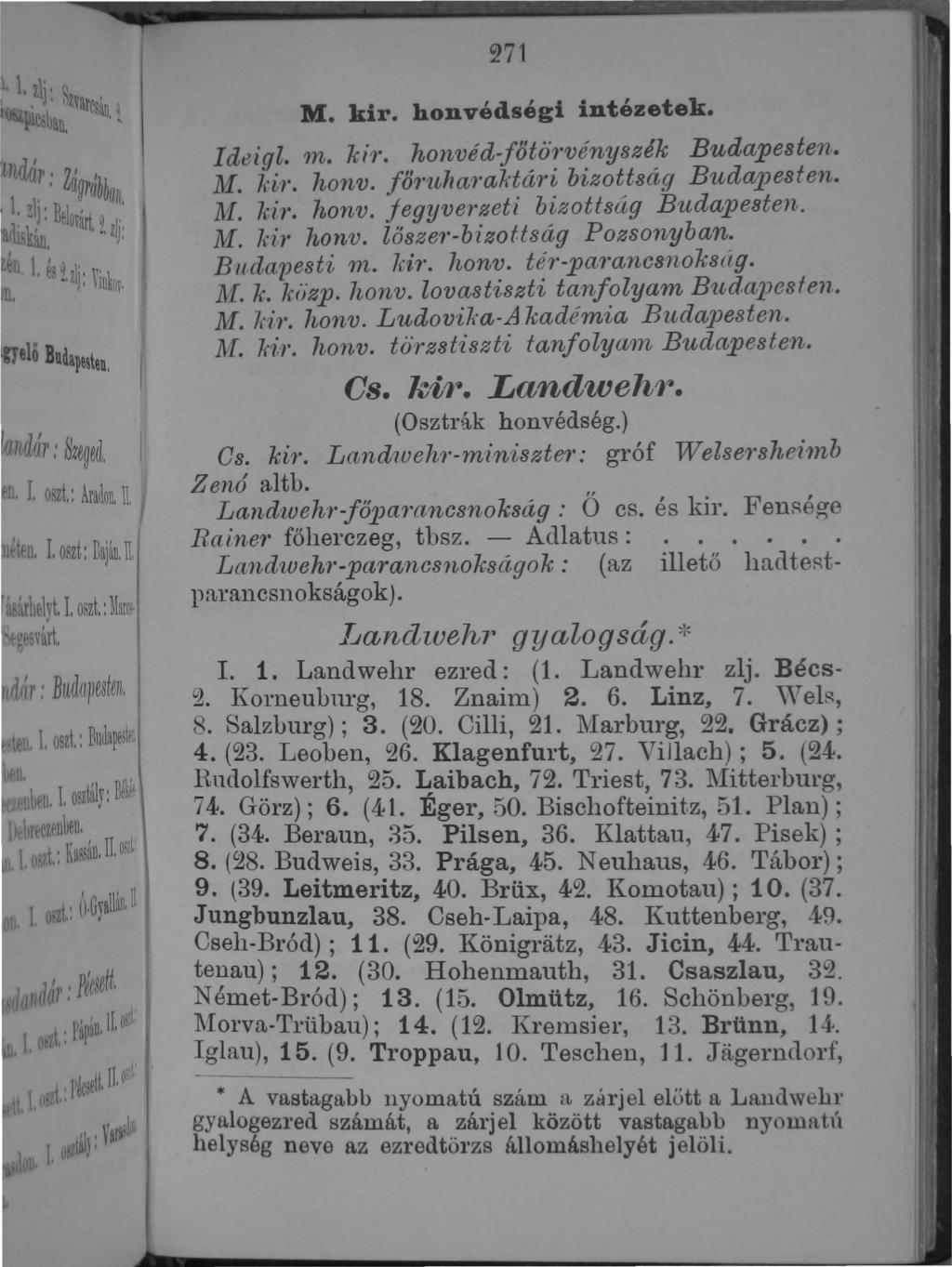 271 M. kir. honvédségi intézetek d t3i g l. rn. kir. honvéd-főtó'1 o vényszék Budapes ten. A. lúr. honv. fő1''lthar'aktári bizottság Budapesten. 111. kir. honv. jegyverzeti bizottság Budape8ten, M.