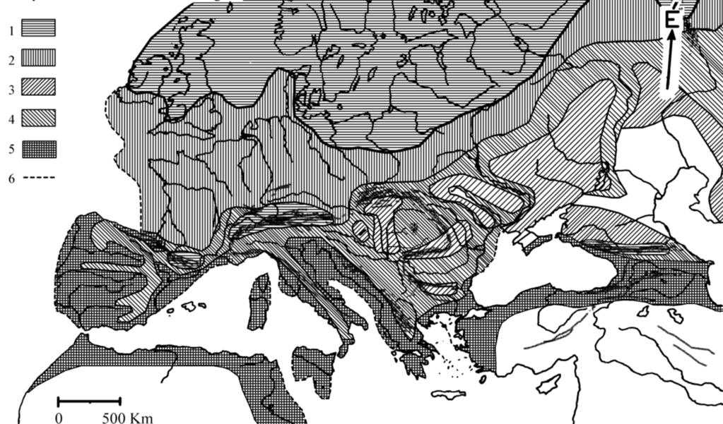 13. ábra. Európa klímaövezetei a würm leghidegebb időszakában. 1: állandó jégtakaró, 2: tundra, 3: sztyeppe, 4: parktundra, 5: erdőövezet, 6: tengerpart vonala.