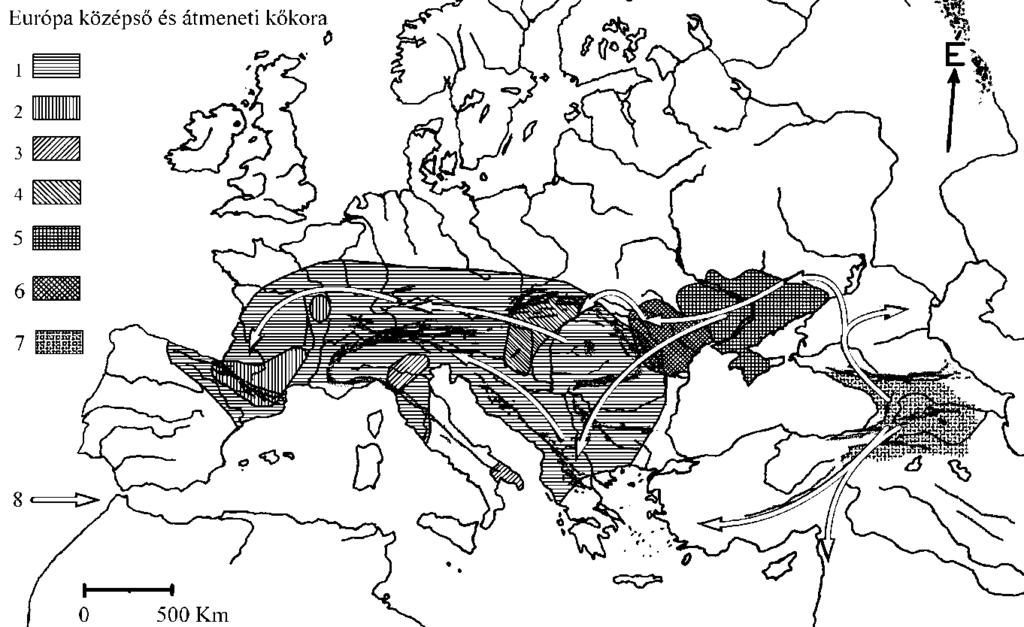 14. ábra. A würm utolsó hideg és felmelegedő szakaszának emberi települései, műveltségei Európában.