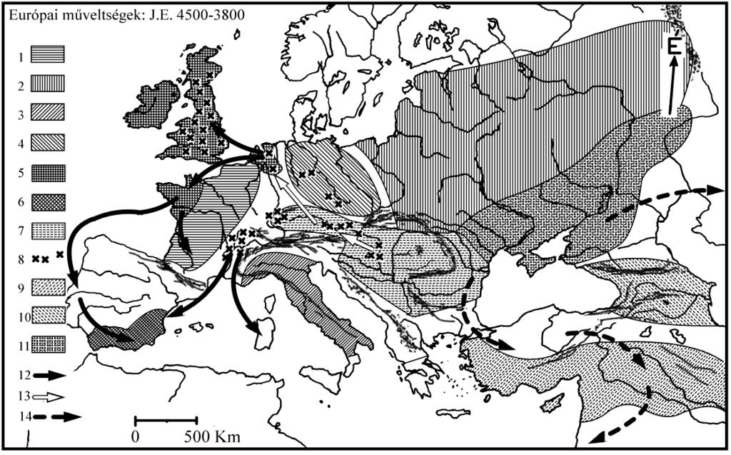 19. ábra. Ötvöződő kultúrák JE 4500-3800. Harangedény műveltsége. 1: Megalitok. 2: Késő szalagdíszes műveltség. 3: É-olasz műv. 4: Unetice m. 5: Wessex m. 6: El argar m. 7: Dunamenti bronz m.