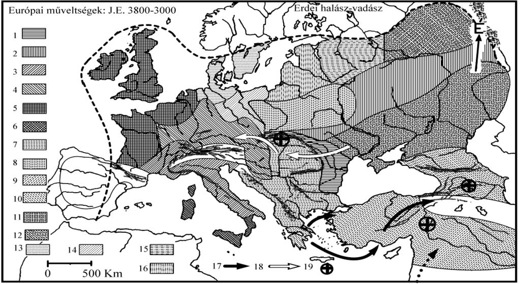 1: Cucuteny műveltség. 2: Abasevó m. 3: Rhoni- Appennin m. 4: tumulus temetkezés m. 5: késői Wessex m. 6. dél-olasz m. 7: kárpáti és balkáni bronzműv., 8: Trzciniec m. 9: városias m.-ek, 10.