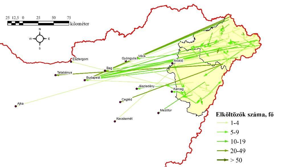 20. ábra: A vizsgált térség településeiről elköltöző roma lakosság száma és céltelepülése az önkormányzatok releváns válaszai alapján (N=272) (forrás: a DE-PKE felmérése alapján) A megyei vándorlási