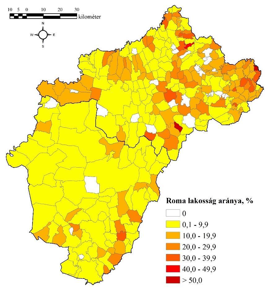 5. ábra: A roma lakosság aránya a vizsgált két megye településein a 2011-es népszámlálás alapján, % (forrás: a KSH 2011-es népszámlálása alapján) A DE felmérése alapján lényegesen magasabb