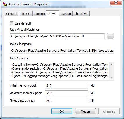 2. A Tomcat memória használatának beállítása az alábbiak szerint: Initial memory pool: 512 MB Maximum memory pool: 512