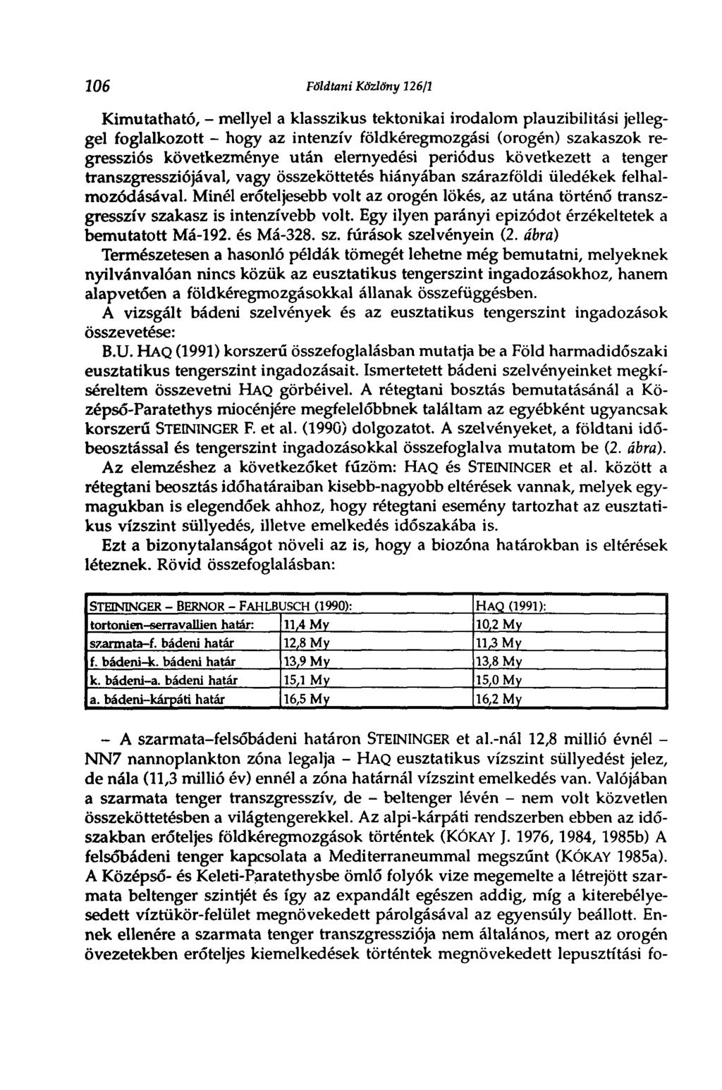 106 Földtani Közlöny 126/1 Kimutatható, - mellyel a klasszikus tektonikai irodalom plauzibilitási jelleggel foglalkozott - hogy az intenzív földkéregmozgási (orogén) szakaszok regressziós