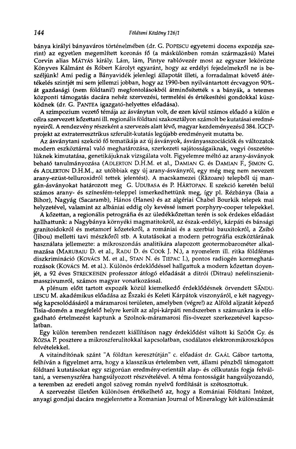 144 Földtani Közlöny 126/1 bánya királyi bányaváros történelmében (dr. G.