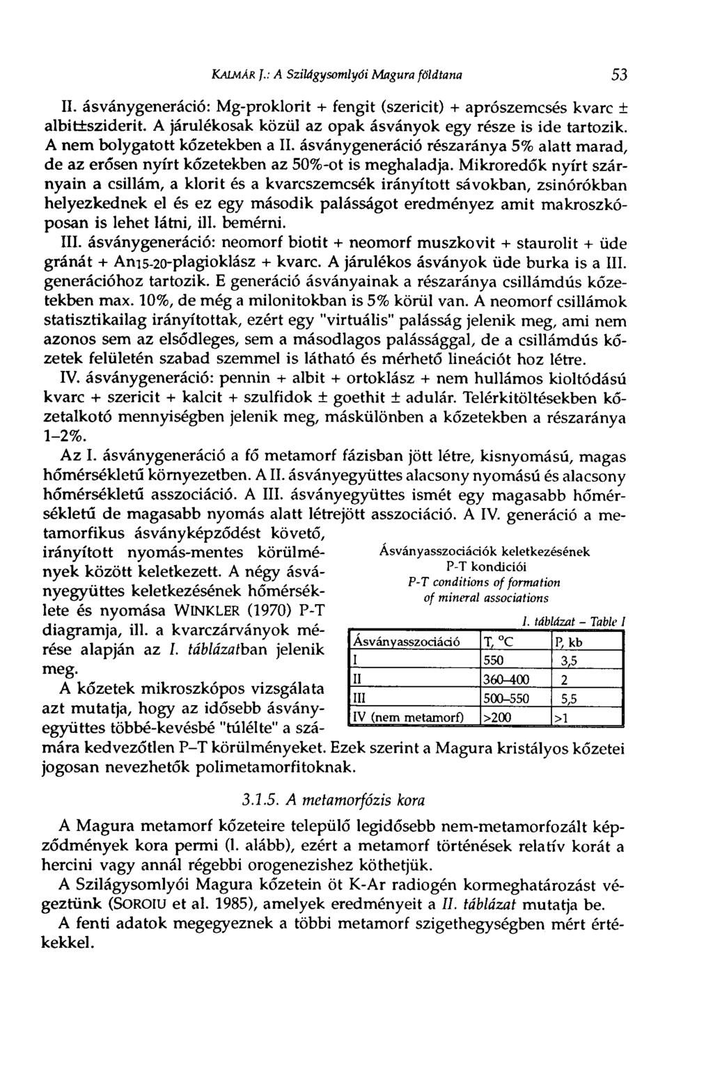KALMÁR J.: A Szilágysomlyói Magura földtana 53 II. ásványgeneráció: Mg-proklorit + fengit (szericit) + aprószemcsés kvarc ± albitfcsziderit.