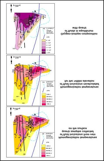 3.6 ábra: Paleohőmérséklet eloszlása a telkibányai ércesedés környezetében folyadékzárványokon mért homogenizációs hőmérsékletek alapján [ii] 6.