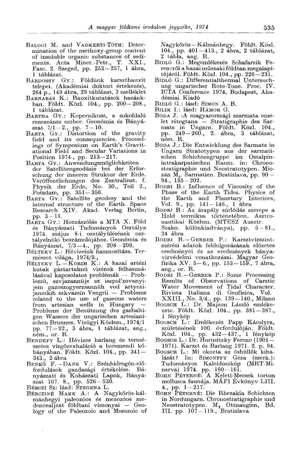A magyar földtani irodalom jegyzéke, 1974 535 BALOGI M. and VADKEBTI-TÓTH: Determination of the methoxy-group content of insoluble organic substances of sediments. Acta Miner.-Petr., T. XXI., Fasc. 2.