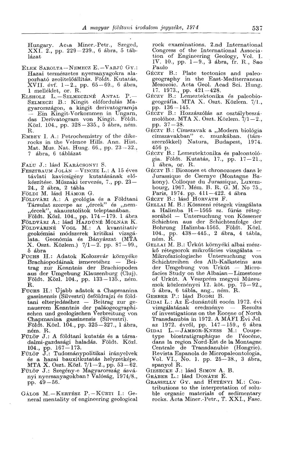 A magyar földtani irodalom jegyzéke, 1974 537 Hungary. Acua Miner.-Petr., Szeged, XXI. 2., pp. 229 239., 6 ábra, 5 táblázat ELEK SAROLTA NEMECZ E. VARJÚ GY.