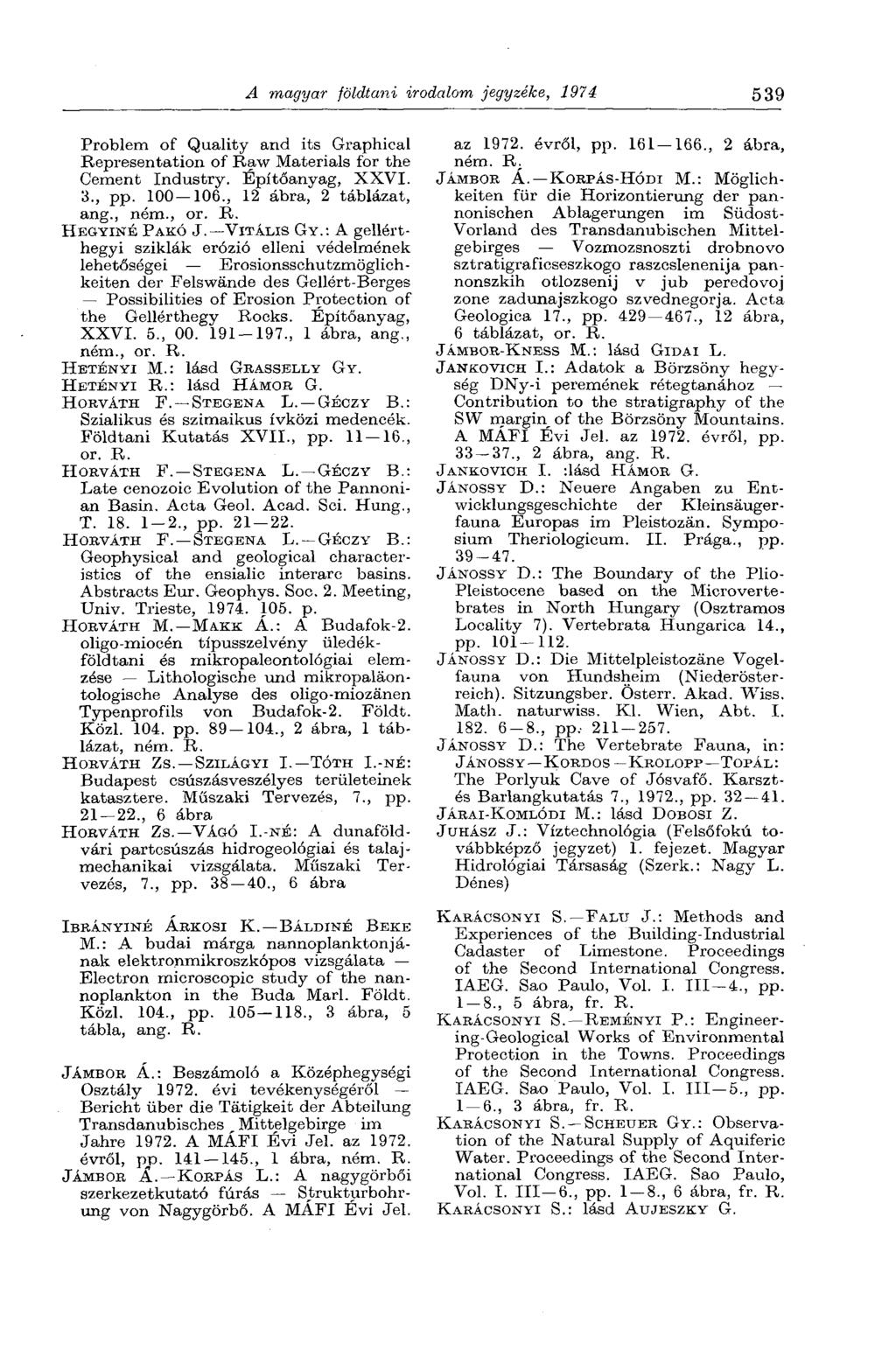 A magyar földtani irodalom jegyzéke, 1974 539 Problem of Quality and its Graphical Representation of Raw Materials for the Cement Industry. Építőanyag, XXVI. 3., pp. 100 106.