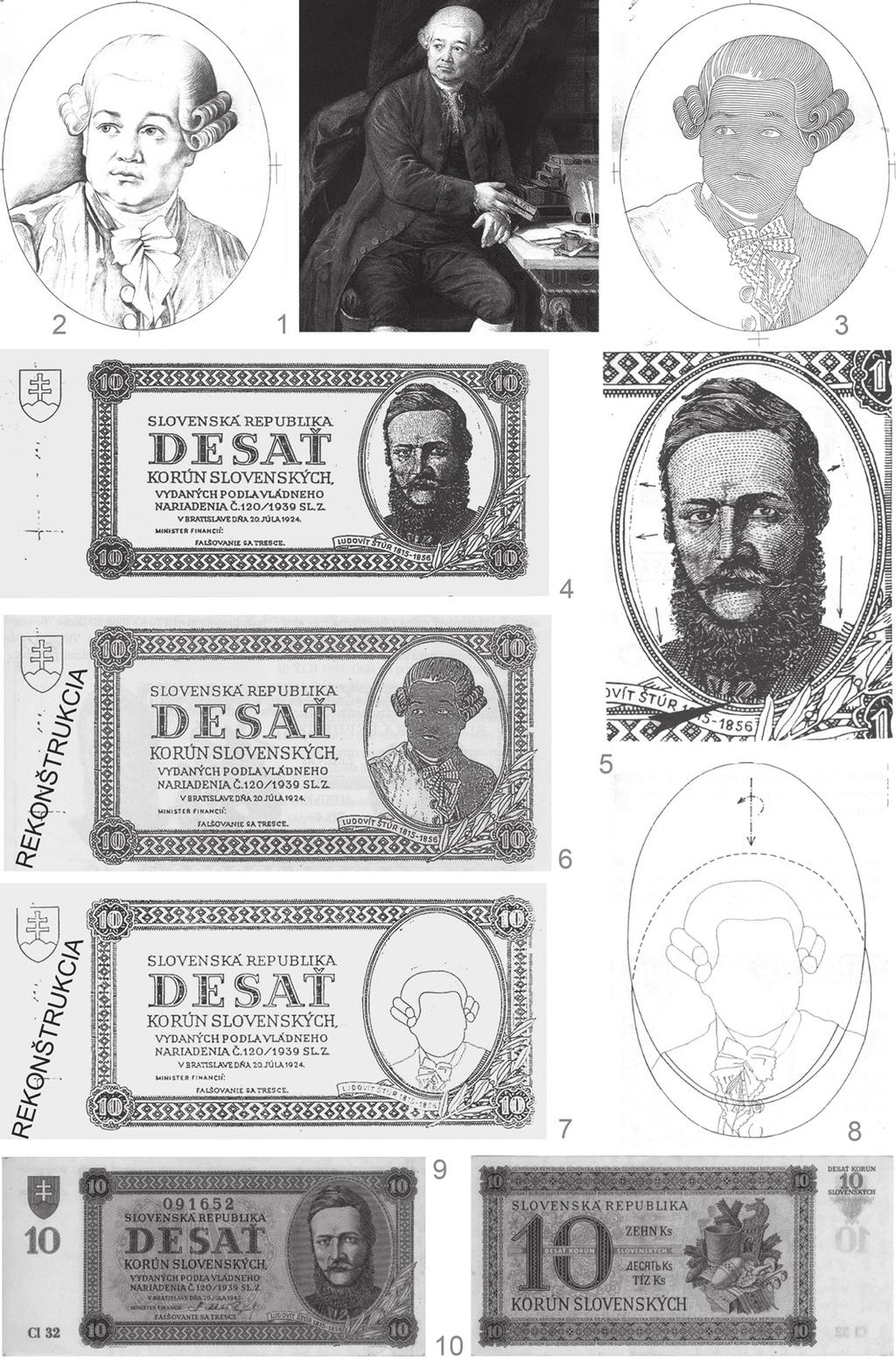 Postupnosť úprav návrhu 10-korunáčky vzoru 1944 (Adam František Kollár, Ľudovít Štúr). Portrét Ľ.
