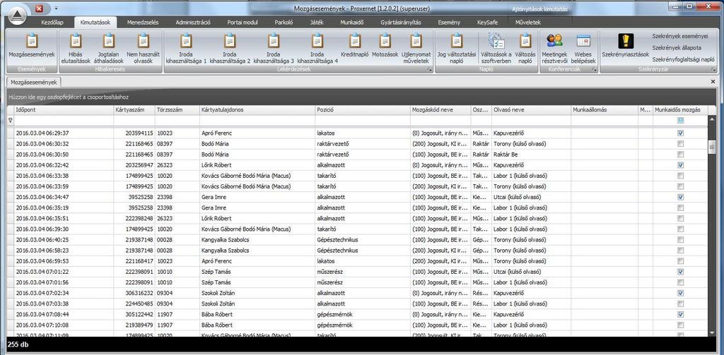Adatexport (tetszőleges lekérdezés, szűrés mentése) PDF, HTML, XLS, TXT, CSV formátumokba Adatok automatikus exportja munkaidő nyilvántartó modulba, majd akár bérszámfejtő szoftverbe Anti-passback