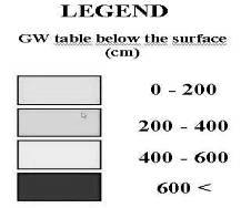 Average depth of the GW table below ground surface in 2001.