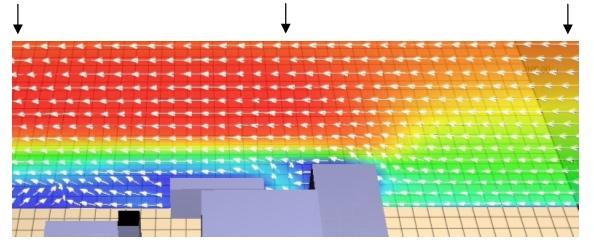 ábra: A 40 m magas csarnoképület által megemelt áramlás és a szélárnyékos területen fellépő szívóhatás keleti szél esetén a modelltartomány egy K Ny-i metszetén. A színskála megegyezik a 2.