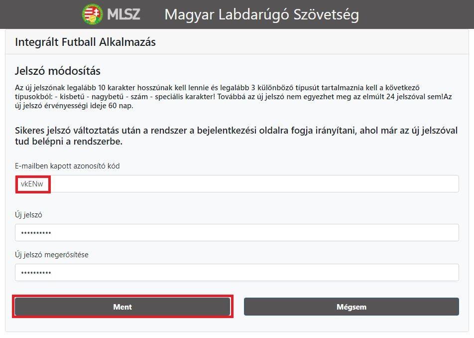 8. Az IFA rendszer Jelszó módosítás felületén adja meg, az e-mail-ben kapott azonosító kódot, és kétszer az új jelszót, amit a későbbiekben használni kíván.