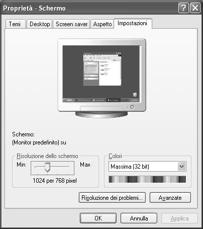 Messa in funzione Impostazioni del monitor in Windows XP In Windows XP eseguire le impostazioni del monitor nel programma di Windows Proprietà di visualizzazione.