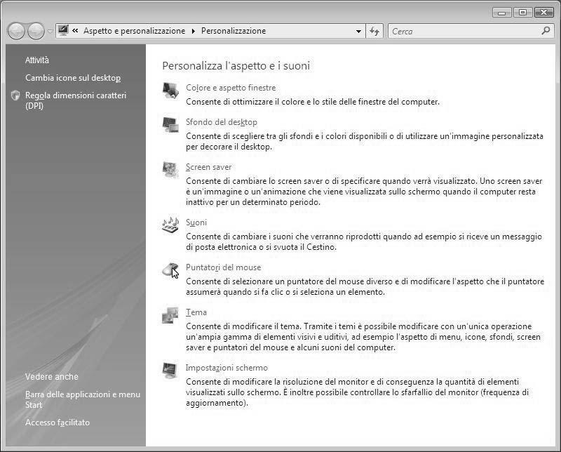 Messa in funzione Fare clic con il tasto destro del mouse sul piano di lavoro di Windows (desktop) e con il tasto sinistro del mouse scegliere Personalizzazione oppure Da Start Pannello di controllo