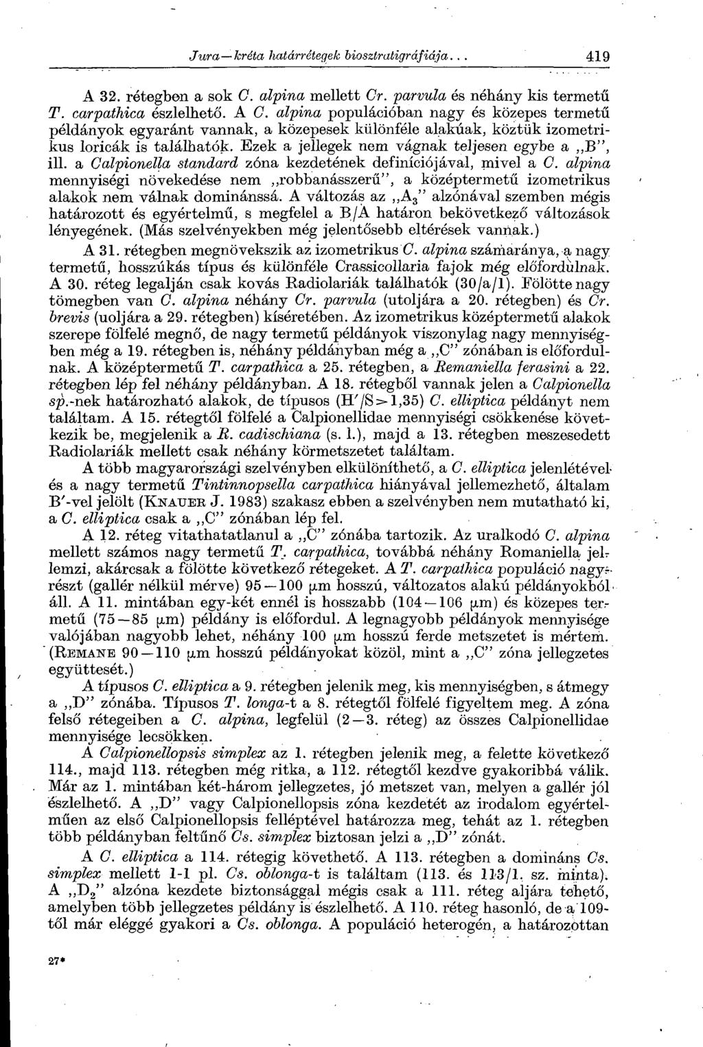 A 32. rétegben a sok C. alpina mellett Gr. parvula és néhány kis termetű T. carpathica észlelhető. A G.