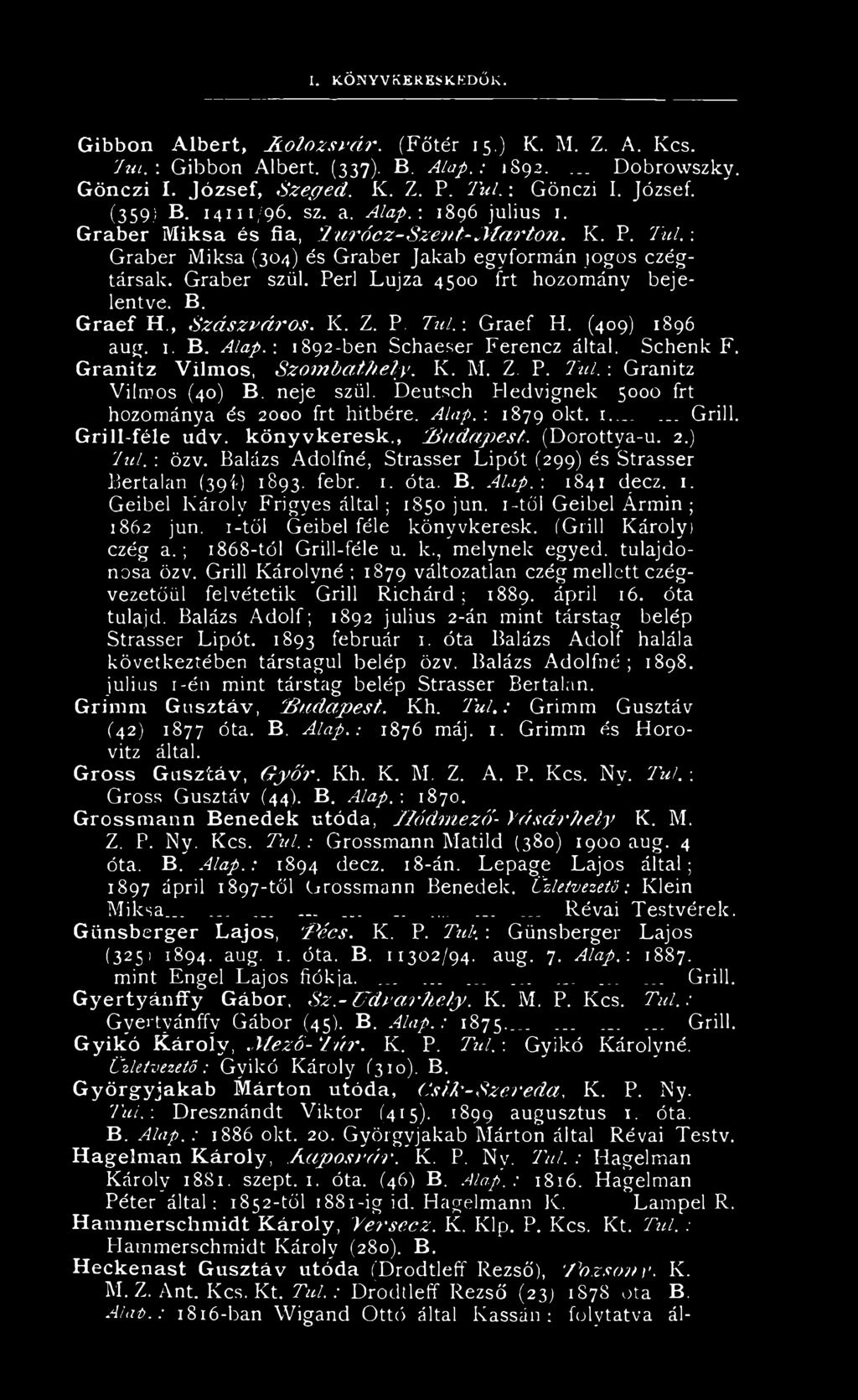 Graber szül. Perl Lujza 4500 frt hozomány bejelentve. B. G ra e f H., S z á s z v á r o s. K. Z. P. T úl.-. Graef H. (409) 1896 aug. 1. B. A lap.-. 1892-ben Schaeser Ferencz által. Schenk F.