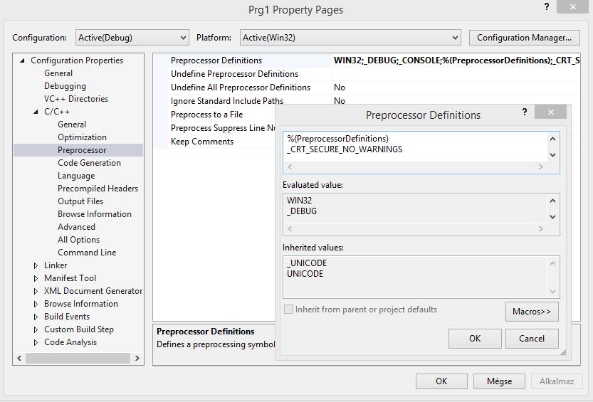 _CRT_SECURE_NO_WARNINGS Project» Properties» Configuration properties» C/C++» Prepocessor _CRT_SECURE_NO_WARNINGS