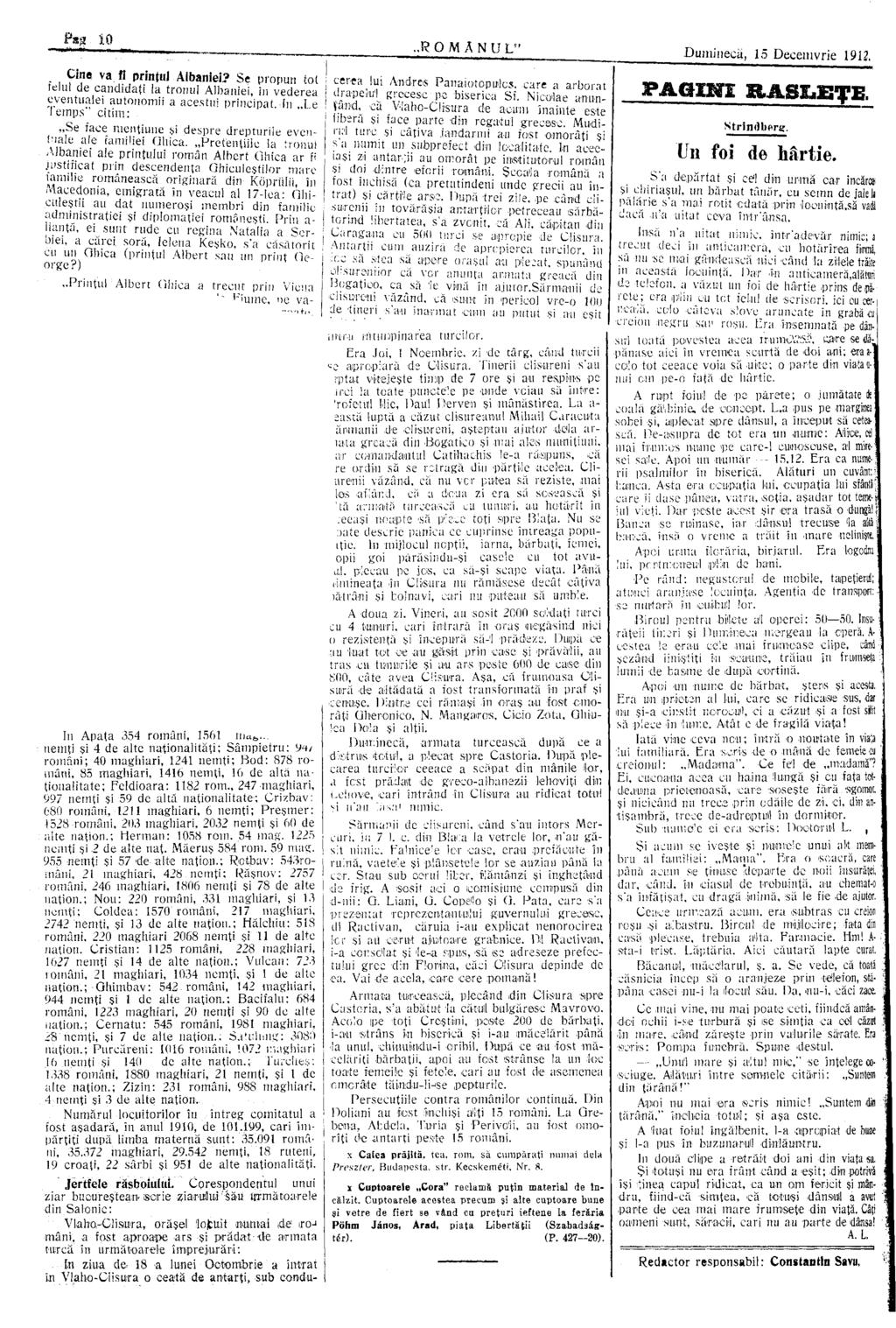 10 ROMANU L" Duminecă, 15 Decemvrie 1912, Çine va fl prinţul Albaniei?