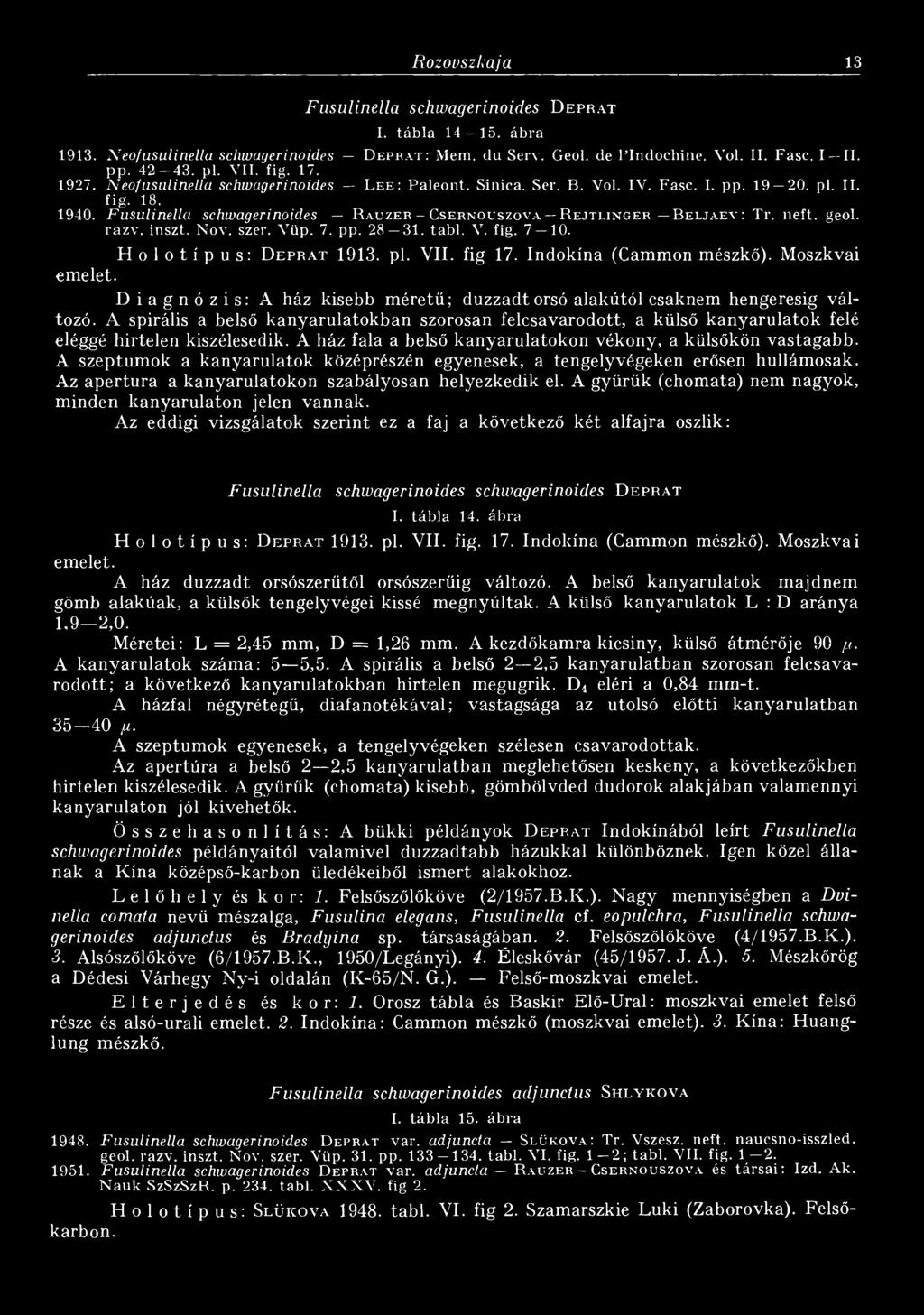 Fusulinella schwagerinoides R a u z e r - Cse r n o u s zo v a R e jt l in g e r B e l ja e v : Tr. neft. geol. razv. inszt. Nov. szer. Vüp. 7. pp. 28 31. tabi. V. fig. 7 10.