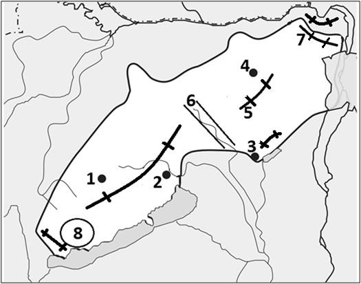 Név:... osztály:... Teil 1 1. Benennen Sie die in der Landkartenskizze mit Zahlen markierten geographischen Begriffe beim Transdanubischen Mittelgebirge!