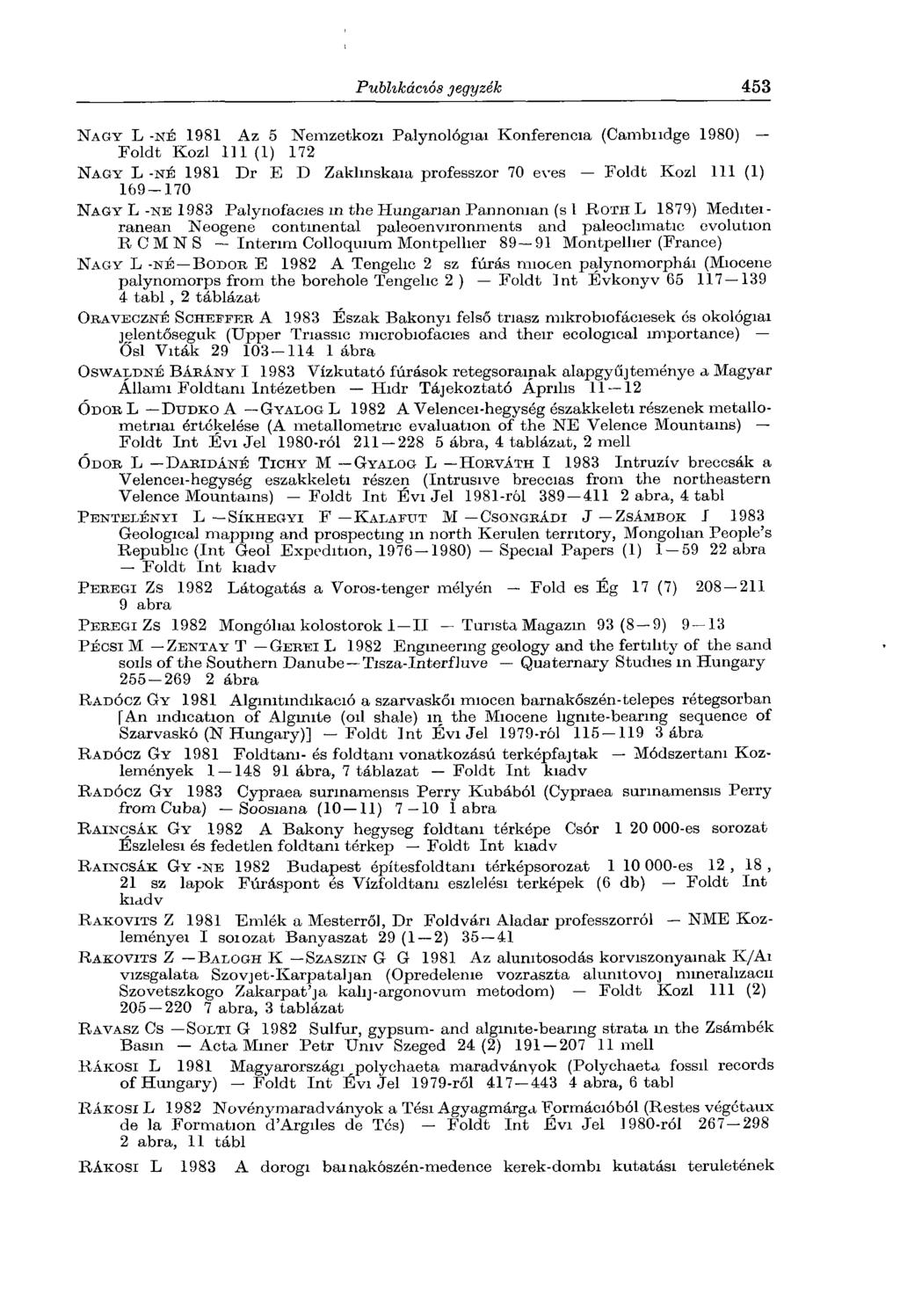 N a g y L -n é 1981 Az 5 Nemzetközi Palynológiai Konferencia (Cambndge 1980) Foldt Közi 111 (1) 172 N a g y L -n é 1981 Dr E D Zaklinskaia professzor 70 eves Foldt Közi 111 (1) 1 69-170 Nag y L -ne