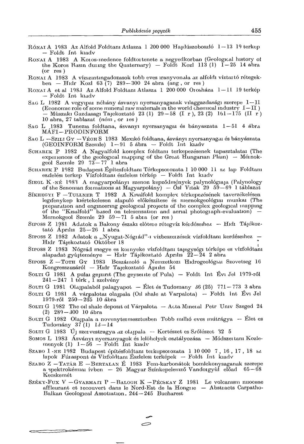 R ó n a i A 1983 Az Alföld Földtani Atlasza 1 200 000 Hajdúszoboszló 1 13 19 terkop Foldt Int kiadv R ó n a i A 1983 A Koios-medence foldtoitenete a negyedkorban (Geological history of the Koros