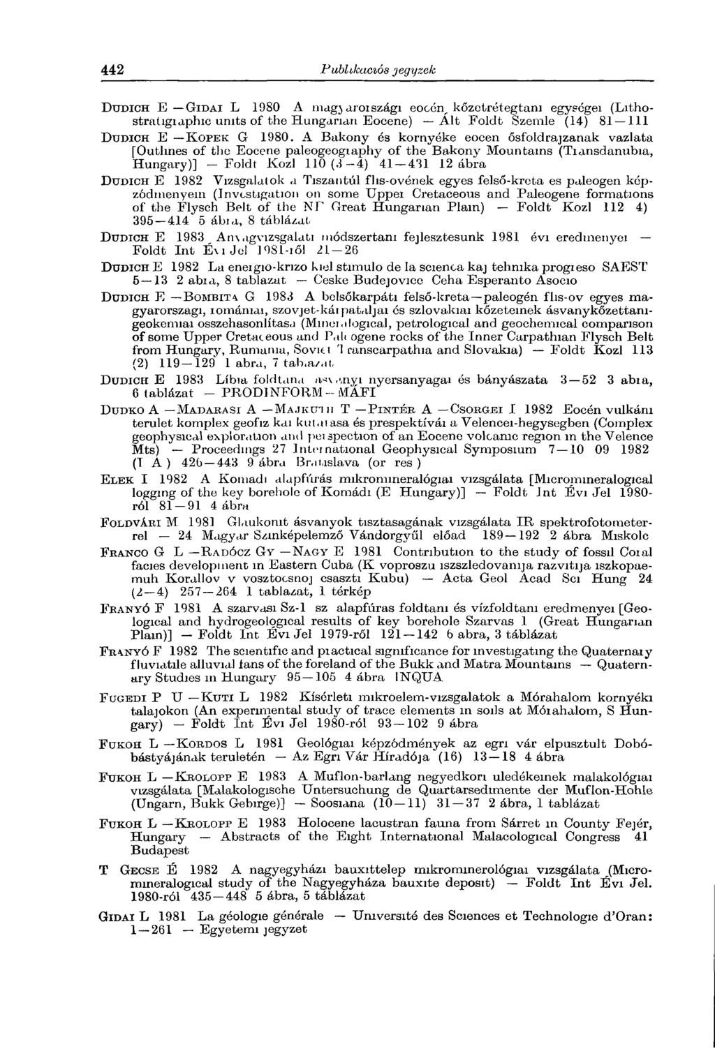 D u d ic h E G i d a i L 1980 A mag} aroiszági eoccrg kőzetrétegtam egységei (Lithostraügiaphic units of the Hungarian Eocene) Alt Foldt Szemle (14) 81 111 D u d ic h E K o p e k G 1980.