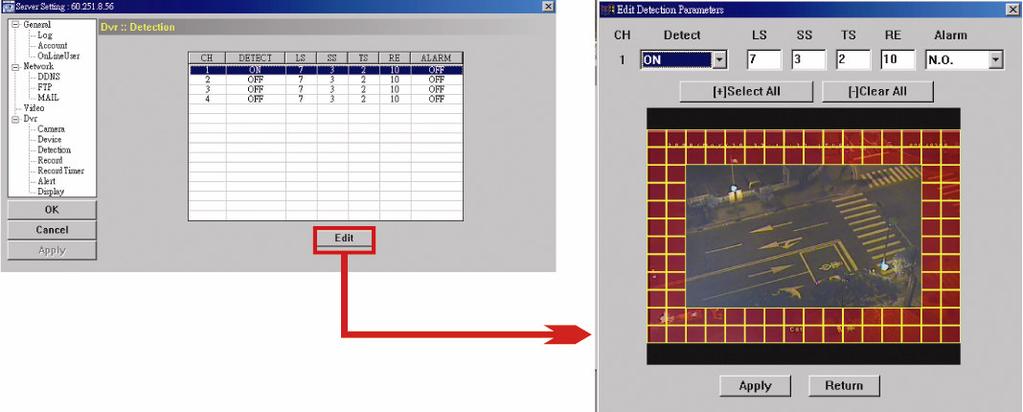 Detection - Mozgásérzékelés Válassza ki a kívánt csatornát és kattintson az EDIT gombra az érzékenységi szint és érzékelési terület beállításához.