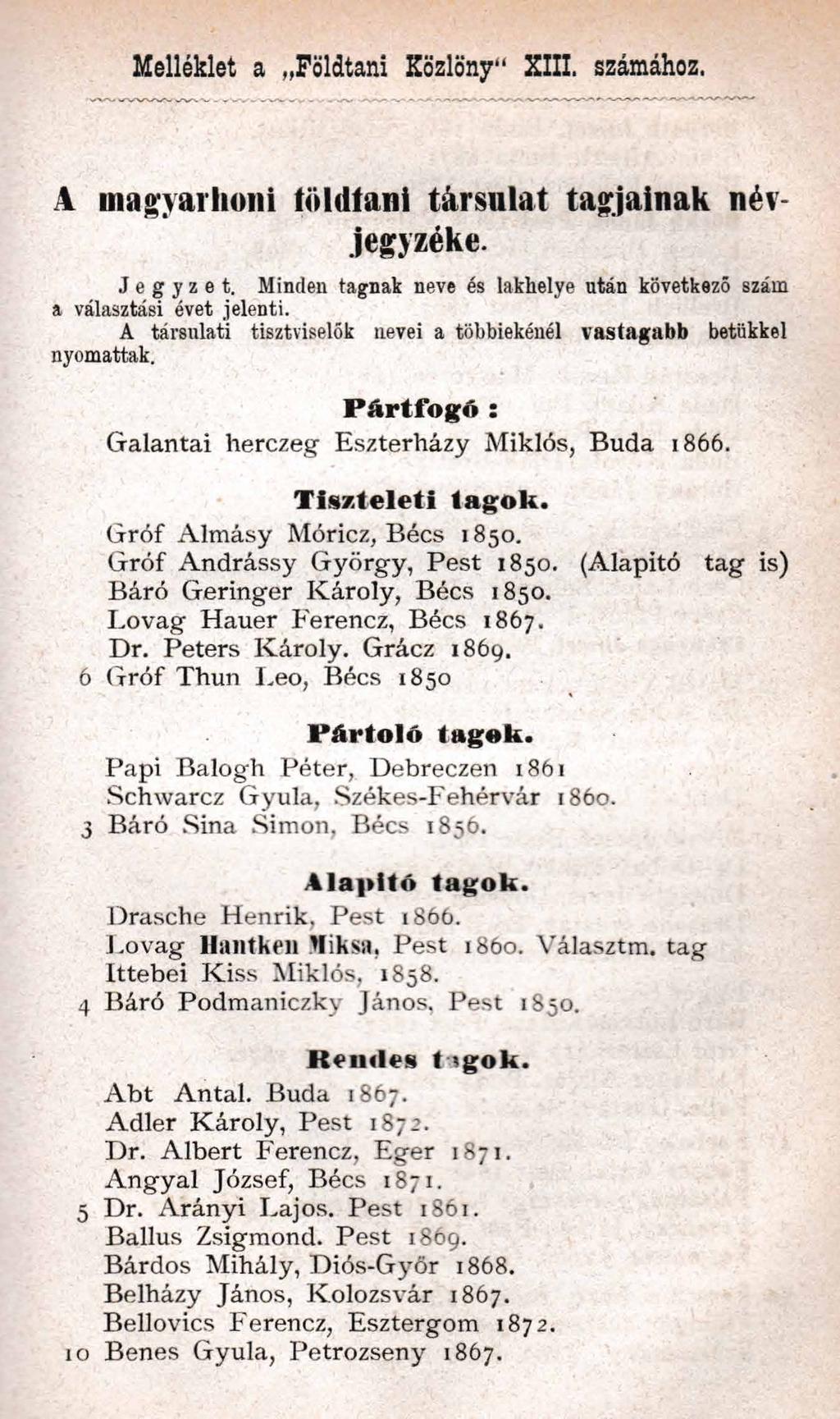 Melléklet a Földtani Közlöny XIII. számához. 4 magyarhoni töldfani társulat tagjainak névjegyzéke. Jegyzet. Minden tagnak neve és lakhelye után követkézé szám a választási évet jelenti.