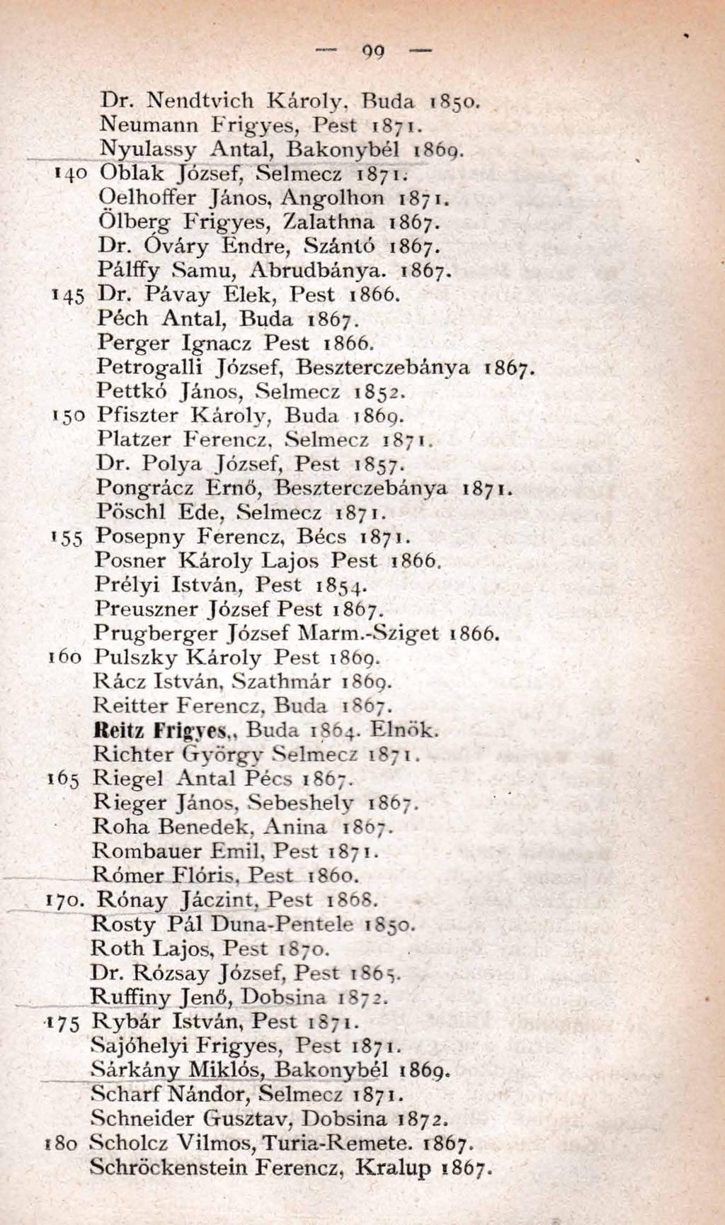 09 Dr. Nendtvich K áro ly. Ruda 1850. Neumann F rig y e s, Pest 1871. N yulassy Antal, Bakonybél 1869. 140 Obiak József, Selm ecz 18 71; Oelhoffer János, Angolhon 1871.